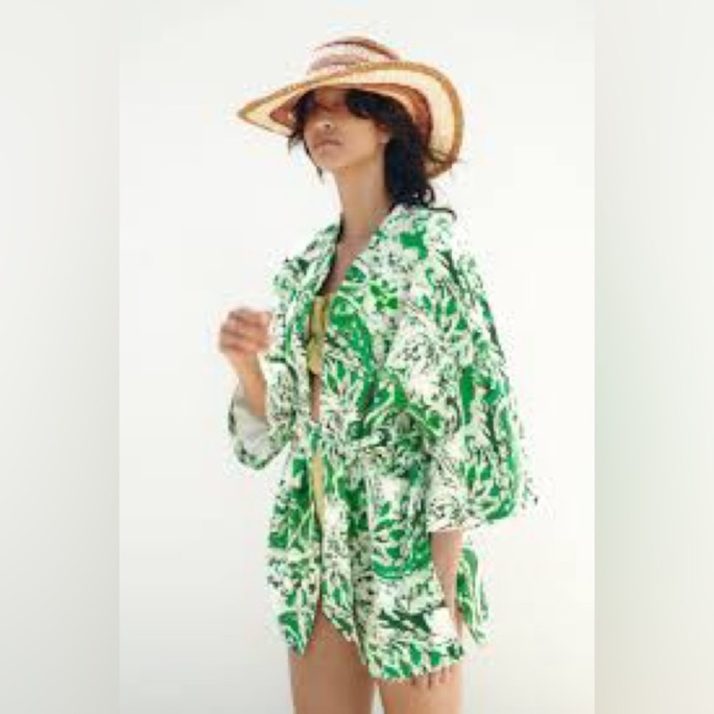 Zara Size M-L Green and White Paisley Printed Linen-Blend Lined Kimono with Belt - Picture 3 of 10